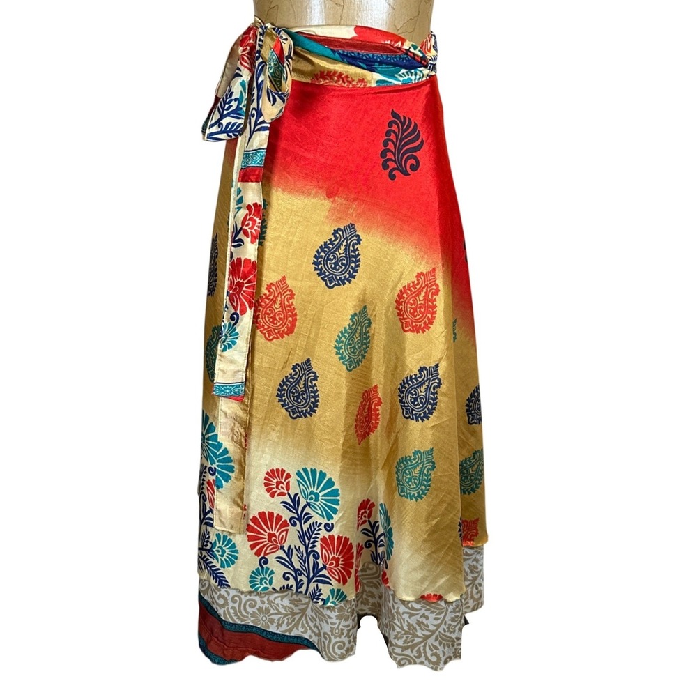 Darn Good Yarn Ankle Length Sari Silk Wrap Skirt Regular 4-12 Multicolor Paisley